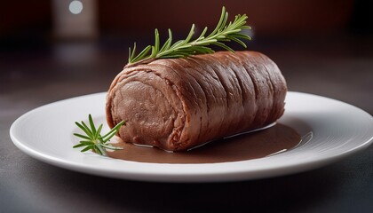 Wall Mural -  A single beef roulade rolled tightly, topped with a sprig of fresh rosemary, resting on a cl