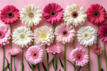 Wall Mural - Pastel Floral Arrangement: White and Pink Daisies, Chrysanthemums, and Cherry Blossom on Seamless Pink Background with Copy Space for Text - Top View Flat Lay