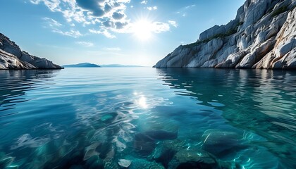 Wall Mural - The blue sea water sets off against the steep rocks and the sunny sky, and the tranquil sea ripples gently.