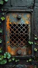 Rusty Metal Grate on Old Brick Wall