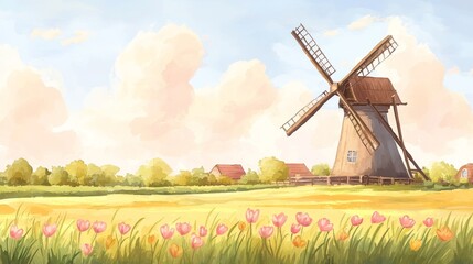 Scenic windmill, vast tulip field, golden grass, warm sunset glow, rural landscape, watercolor