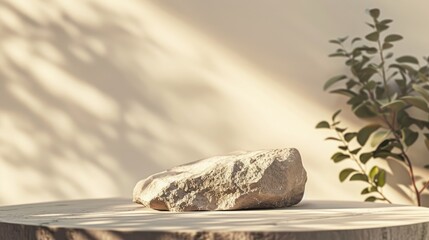 Sticker - Product display podium with rock stone and sunlight shadow on blurred background