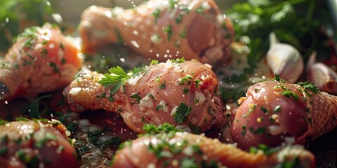 Wall Mural - Close-up view of uncooked chicken drumsticks garnished with garlic and parsley