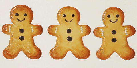 three gingerbread men cookies with happy faces.