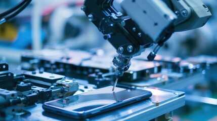 Wall Mural - Robot arm Assembling a Smartphone in a Factory