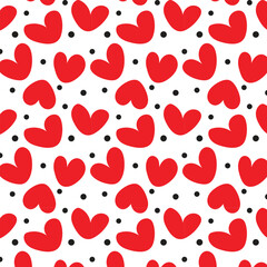 Wall Mural - Seamless pattern of simple red hearts isolated on white for wrapping paper or fabric. Hand drawn style.