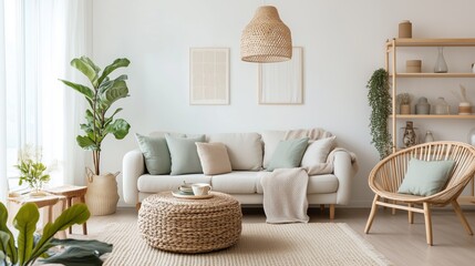 Wall Mural - A living room with a natural material palette and gentle colors influenced by Scandinavian design.