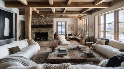 Wall Mural - A rustic living room with a stone fireplace cozy and inviting.