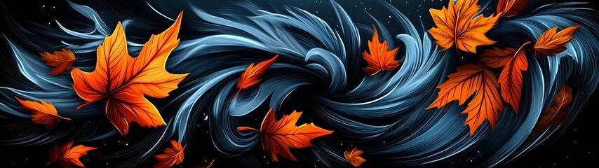 Wall Mural - enchanted night forest: first person view of swirling leaves in vintage doodle style under stormy sk