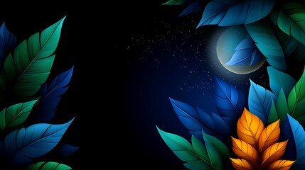Wall Mural - Harmonious Night Symphony: Colorful Abstract Isometric Background of Leaves and Stars in Clear Light