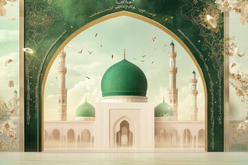 a poster for a mosque with a green dome and a mosque in the background. milad un nabi banner and isl