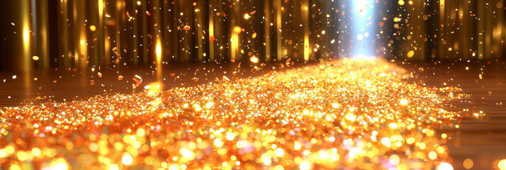 Wall Mural - Golden glitter falls on a wood surface.