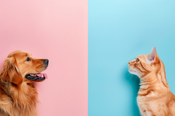 A dog and a cat are looking at each other