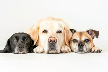 Wall Mural - Three dogs are laying on a white background