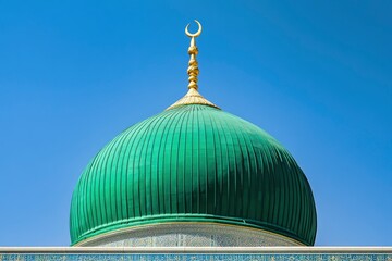 Poster - The Green dome of The Prophet's Mosque or Al Masjid Al Nabawi, a major site of pilgrimage that falls under the purview of the Custodian of the Two Holy Mosques , copy space , ai