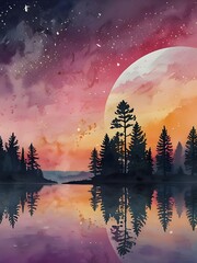 Poster - Watercolor Night Sky with Full Moon and Silhouetted Trees Reflecting in a Lake