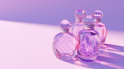 A group of intricately designed perfume bottles, showcasing geometric patterns, bathed in a soft purple light. The clear glass surfaces create a beautiful interplay of light and shadow, enhancing the