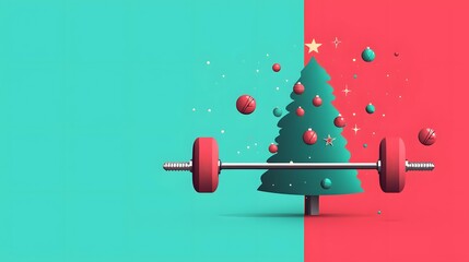 A vibrant Christmas tree stands amidst festive ornaments and dumbbells, radiating holiday cheer with playful energy. The background is solid and colorful. Christmas Fitness Concept