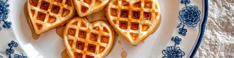 Wall Mural - Five heart-shaped waffles topped with maple syrup, arranged on a white plate with blue accents.