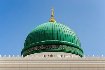 Poster - The Green dome of The Prophet's Mosque or Al Masjid Al Nabawi, a major site of pilgrimage that falls under the purview of the Custodian of the Two Holy Mosques , copy space , ai