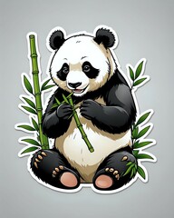 Wall Mural - Adorable cartoon panda bear eating bamboo.