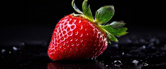 A vibrant close-up of a single ripe strawberry against a black background, highlighting its deep red color, juicy texture, and fresh green leaves. Perfect for food and healthy eating concepts.