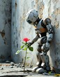 © video rost - A small, weathered robot tenderly examines a vibrant rose growing amidst a dilapidated setting, symbolizing resilience and hope in a harsh, decaying world. The contrast between the robot's worn