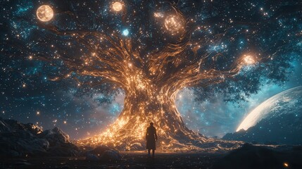 a mesmerizing cosmic tree illuminated by stars, symbolizing life and the universe's eternal beauty.