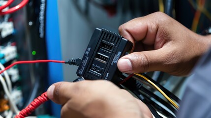 Poster - Close-up of Hands Connecting a Power Adapter to Wires