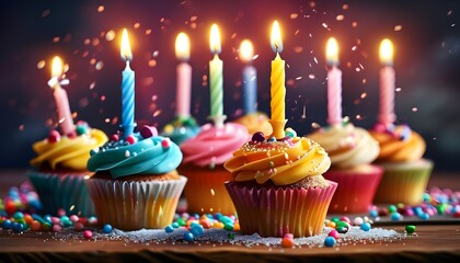 Vibrant birthday cupcakes adorned with sprinkles and glowing candles, ideal for joyful celebrations and festive events.