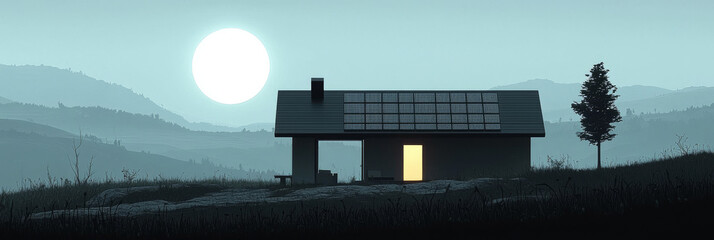 Poster - A modern house with solar panels on the roof sits on a hilltop, glowing with light in the dusk.