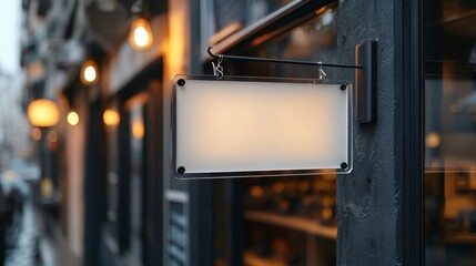 Blank rectangular store signage design mockup isolated, acrylic badge clear shop template suspended on the wall outside, signboard for logo presentation of boutique