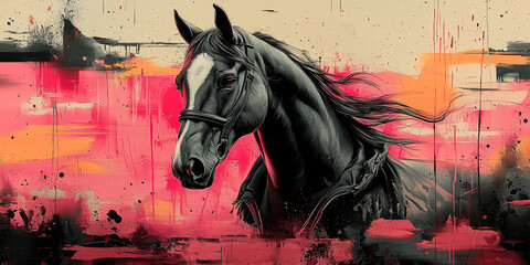 Black horse with a white blaze on its forehead, against an abstract background.