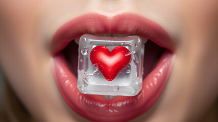 lips biting on  a small translucent ice cube  whit a red heart inside in mouth