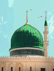 Digital drawing of the dome of the Green Mosque of the Prophet, Medina, a sad dramatic scene, calm colors that suggest sadness, ai