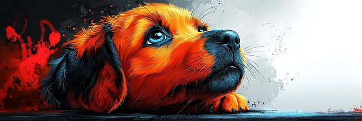 A colorful illustration of a puppy with big blue eyes.