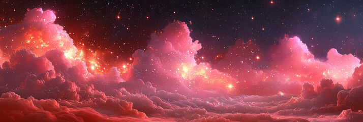 Wall Mural - Pink and red clouds with stars in a dreamy night sky.