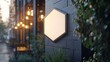 © CHAKKAPONG - Blank hexagonal store signage design mockup isolated, matte metal badge clear shop template securely fixed on the wall outside, signboard for logo presentation of a tattoo parlor