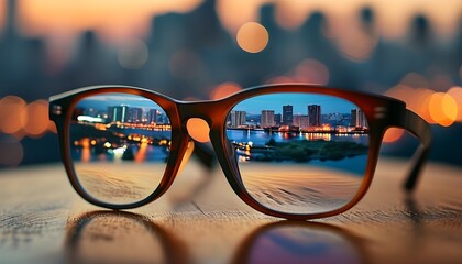 Wall Mural - Chic eyeglasses showcasing cityscape reflections on lenses, placed on wood with a blurred urban night backdrop.