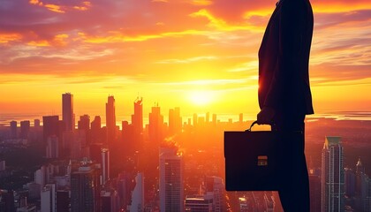 Wall Mural - Ambitious silhouette of a business professional with briefcase against a vibrant sunset cityscape, symbolizing success and determination.