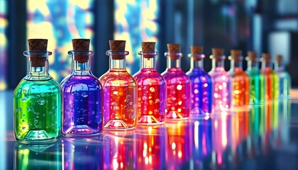 Wall Mural - Vibrant array of liquid-filled glass bottles on glossy surface, glowing in futuristic laboratory with colorful illumination and sleek design