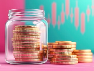 Wall Mural - Gold Coins in Glass Jar with Pink and Blue Background.