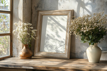 Wall Mural - White wooden picture frame mockup leaning against an old rustic table, with wild flowers in the vase and sunlight streaming through the window, close-up shot,  in a farmhouse style.
