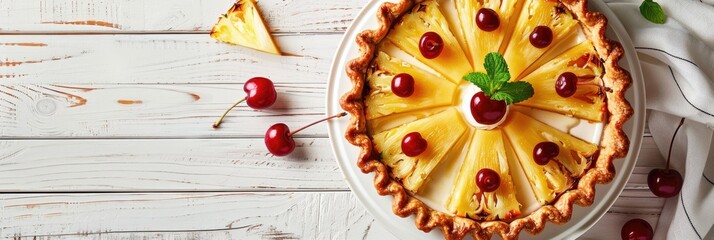 Wall Mural - Tasty pineapple pie garnished with cherry and mint on a white wooden surface, featuring ample copy space.