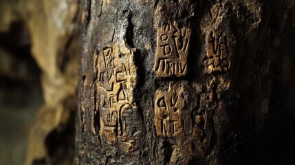 A close-up of a tree trunk with carvings of initials from past visitors.