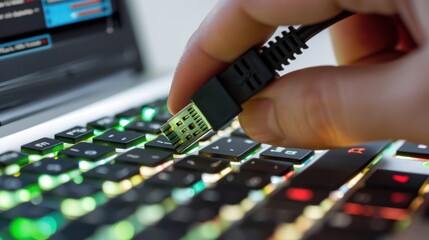 Wall Mural - Plugging in a Cable to a Laptop