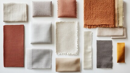 A flat lay of various fabric swatches in different colors and textures, arranged in a harmonious palette on a white background.