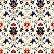 © Pojjanee - Elegant Floral Damask Pattern: A seamless, intricate design featuring a classic damask pattern with delicate floral motifs in shades of red, blue, and black against a creamy white background.