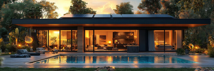 Poster - Modern home with a pool and a view of the sunset.