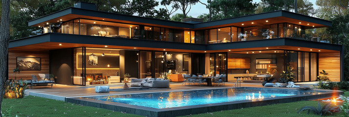 Poster - Modern home with a pool and patio.